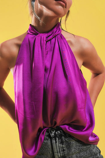 SATIN KNOT FRONT TOP IN FUCHSIA