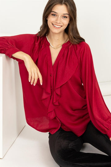TRY TO KEEP UP LONG SLEEVE RUFFLED BLOUSE
