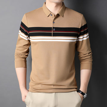 Long-Sleeved Striped Polo Men T-Shirt